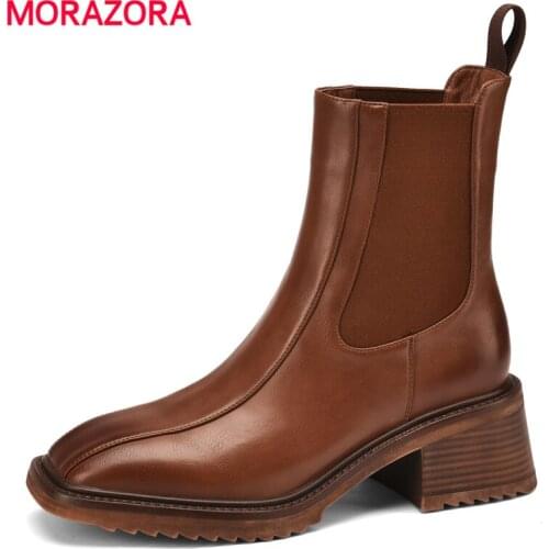 MORAZORA New Genuine Leather Boots Women Slip On Retro Square Low Heel Autumn Winter Ankle Boots For Women Chelsea Dress Shoes