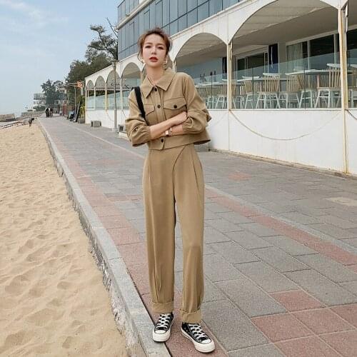 Spring Autumn Two Piece Sets for Women Fashion Korean Elegant Long Sleeve Cargo Jacket Coat High Waist Wide Leg Pants Outfits
