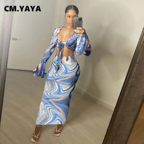 CM.YAYA Women Set Print Full Flare Sleeve Bandage V-neck Crop Tops Long Skirts Two 2 Piece Sets Sexy Night Club Outfit Summer