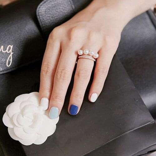Korean New Trendy Women Double Layer Elegant Simulated Pearl Beads Ring Adjustable Shiny Rhinestone Jewelry For Women