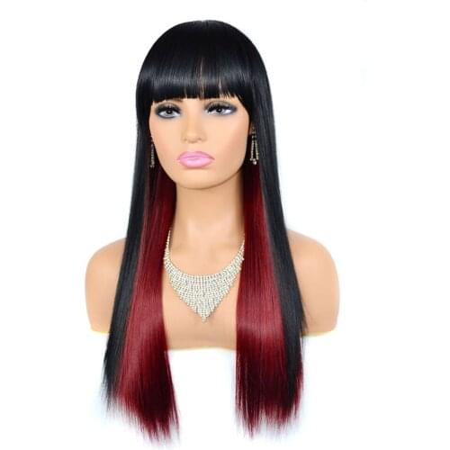 Jeedou Synthetic Straight Long Hair Wig With Blunt Bangs Black Brown Red Mix Color Highlighted Hair Wigs For Women Girls