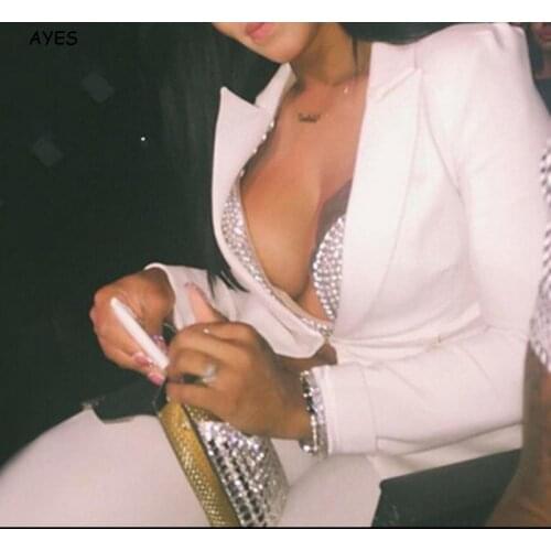 Elegant Women Sets 2020 Autumn White Black Sexy Two Piece Suits Set Solid Long Sleeve Open Chest Slim Pants 2pcs Ol Set Clothes