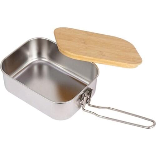 Outdoor Stainless Steel Bamboo Wooden Lid Bento Box 900 Ml Picnic & Hiking Lunch Box With Bamboo Lid For Camping Hiking