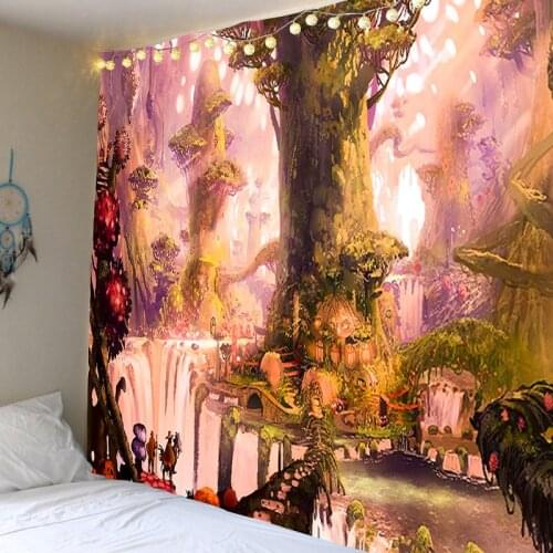 Forest Castle, Fairy Tale Psychedelic Colorful Wall Tapestry Fantasy Decorative Cloth
