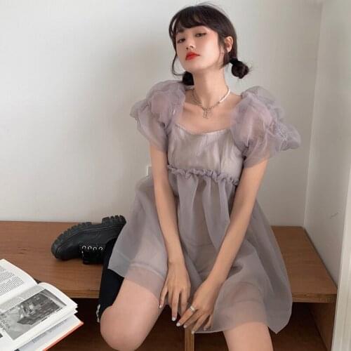 Sweet Girl Summer Organza Dress Women 2021 New Kawaii Square Collar Puff Sleeve Backless Bow Mini Dress Female Cute Lolita Dress