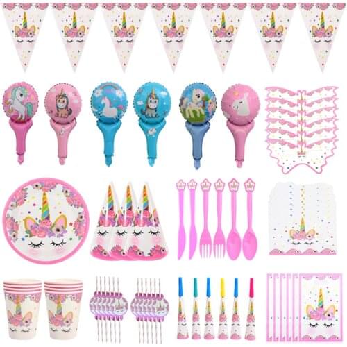 Unicorn Theme Party Disposable Tableware Plates Napkins Hats Birthday Party Decorations Girls Baby Shower Kids Favor Toys Gifts