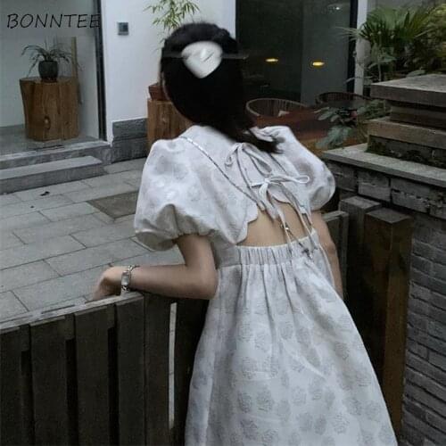 Dresses Women Casual Printing A-line Elastic Waist Hollow Out Lace-up Tender Elegant Chic Ulzzang Puff Sleeve Stylish Mini New