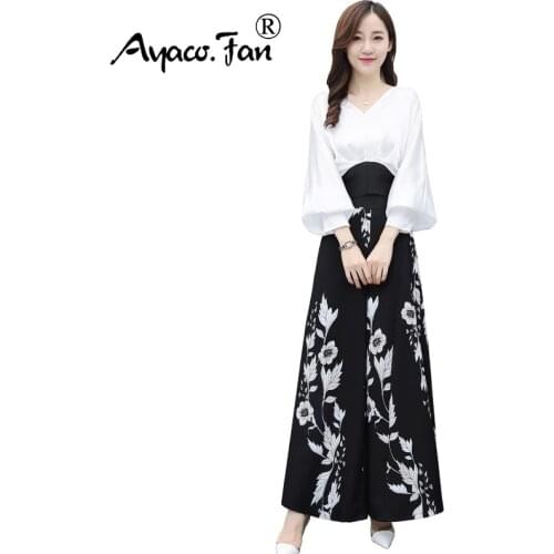 2 Pieces/Set Patchwork Cotton Shirt Floral Print Chiffon Wide Leg Pants Fashion Ensemble Femme Survetement Elegant Womens Suit