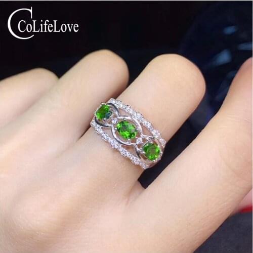 CoLife Jewelry 925 Silver Chrome Diopside Ring for Party 3 Pieces Natural Diopside Ring Birthday Gift for Woman Gemstone Ring