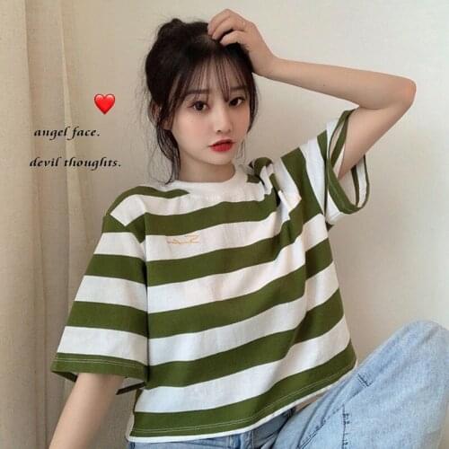 Womens T-shirt stripes Korean short-sleeved cotton summer 2020 new wave loose school style short coat harajuku women tops