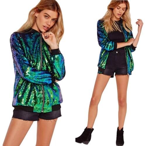 2018 Autumn Streetwear Sequin Mermaid Green Bomber Jacket Coat Long Sleeve Gradient Color Paillette Women Zipper Jackets Basic
