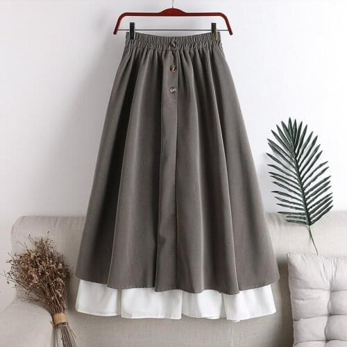 High Waist Big Swing Skirt Autumn And Winter New Elastic Waist Button Contrast Color Splicing Skirt For Women
