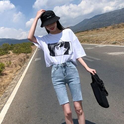 Women Knee Length Jeans Denim Shorts Push Up Elastic High Waist Biker Shorts Shorts Women Summer Black Streetwear