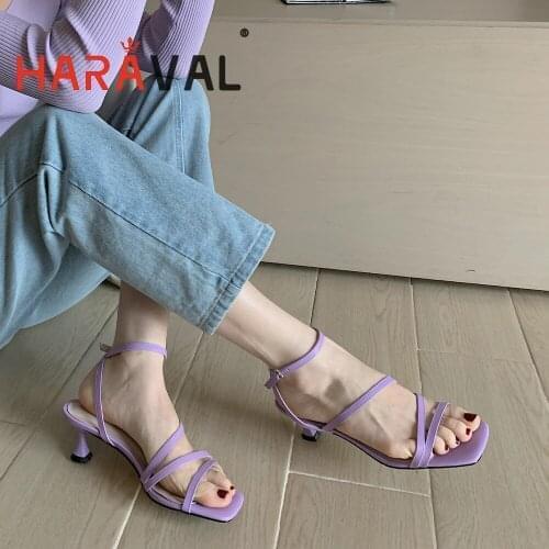HARAVAL Women Sandals Shoes HIgh Heels White Purple Casual Buckle Strap Sewing Genuine Leather Handmade Fashion Elegant ShoeB382