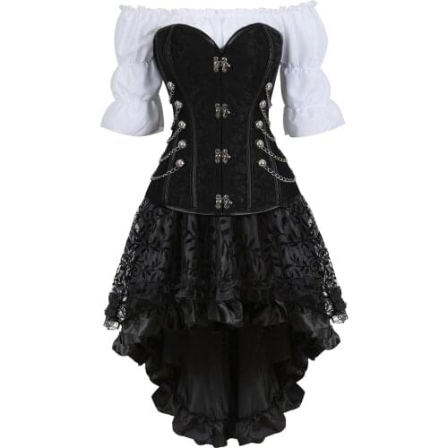 Steampunk Corset 3 Piece Outfits for Women Leather Bone Steel Bustiers Femme Sexy Skirt White Blouse Pirate Set Gothic Corselet