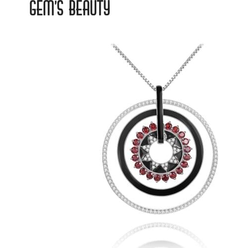 GEMS BEAUTY 925 Sterling Silver Enamel Classic Round Halo Pendant For Women Natural Garnet Handmade Fashion Jewelry Necklace