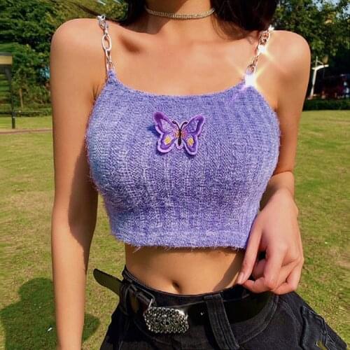 Womens Rib Knitted Camisole Butterfly Decor Sleeveless Chain Strap Wild Slim Sexy Fitting Trendy Daily Streetwear Sling Tops