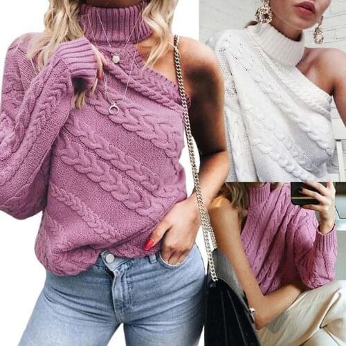 Women Knitted One Shoulder Long Sleeve Sweater Stylish Stretchy Slim Fit Pullover Tops