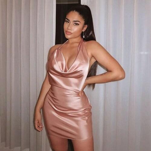 Halter Sexy Satin Bodycon Mini Dresses for Women Elegant Backless Evening Party Bandage Dress Casual Club Outfits 2021 Summer