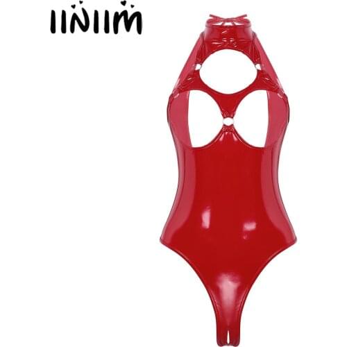 Women Ladies Wetlook Leather Skinny Sexy Lingerie Clubwear Party Costumes Open Nipples Bra Sissy Crotchless Teddies Bodysuit