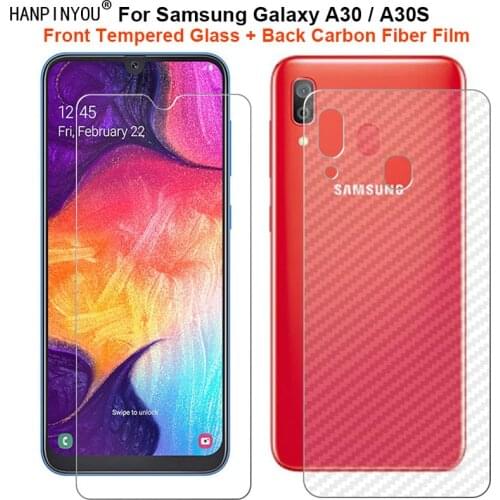 For Samsung Galaxy A30 / A30s 1 Set = Soft Back Carbon Fiber Film + Ultra Thin Premium Tempered Glass Front Screen Protector
