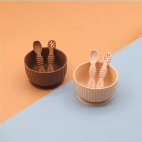 3 Pcs Baby Silicone Suction Bowl Spoon Fork Learning Training Feeding Set Utensil Dishes Tableware for Newborn Toddlers