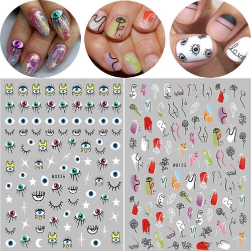 1pc 3D Nail Stickers Evil Eye Design Abstract Line Pattern Nail Sliders DIY Self Adhesive Sticker Tips Nail Art Decoration