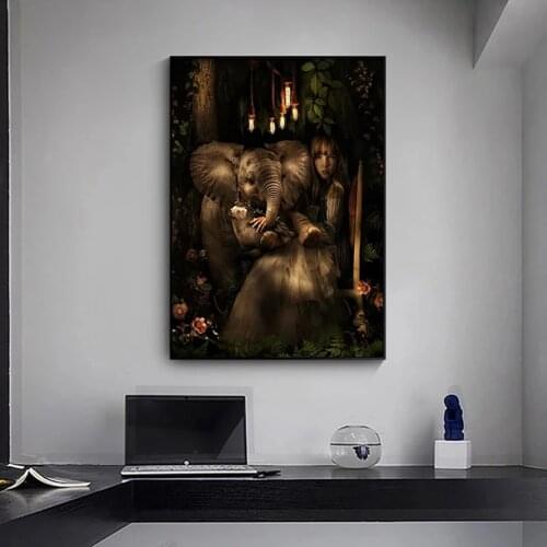 Abstract Art Man and Nature Elephant Painting Girl Canvas Nordic Poster Print Mural Living Room Home Decoration