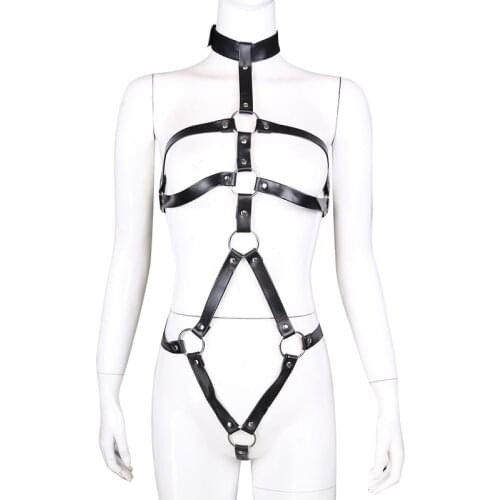 SM Bondage Adjustable Body Harness PU Leather Breast Clips Restraints Sex Toys For Women Nipple Clamps