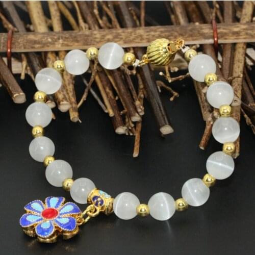 White 8mm cat eyes stone round beads bracelets for women gold-color flower cloisonne high quality new fine jewelry 7.5inch B2736