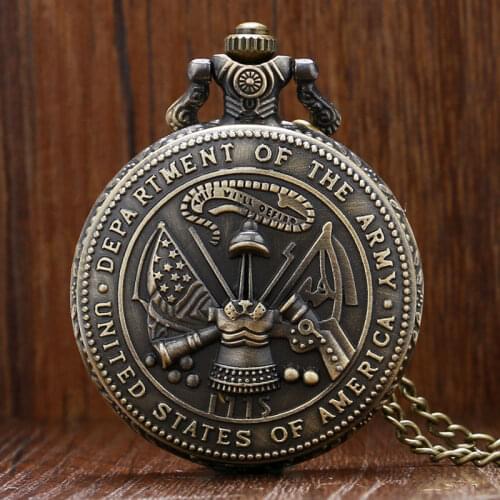 United States Department of the Army Theme 3D Design Bronze Quartz Pocket Watch With Necklace Chain Gift To Men Women
