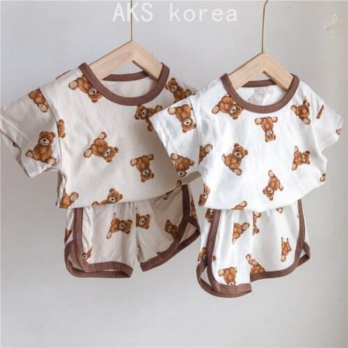 Summer New Toddler Baby Clothes Set Boy Girl Cartoon Bear Pattern Cotton Short Sleeve T-shirt + Kid Casual Soft Shorts 2pcs