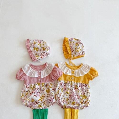 HETISO 100% Cotton Floral Girls Bodysuit with Cap Ruffle Collar Baby Girl Clothes newborn overalls одежда для новорождëных