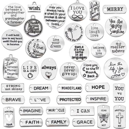 Julie Wang 20PCS Inspirational Words Charms Random Mixed Alloy Letter Tag Pendants Antique Silver Color Jewelry Making Accessory