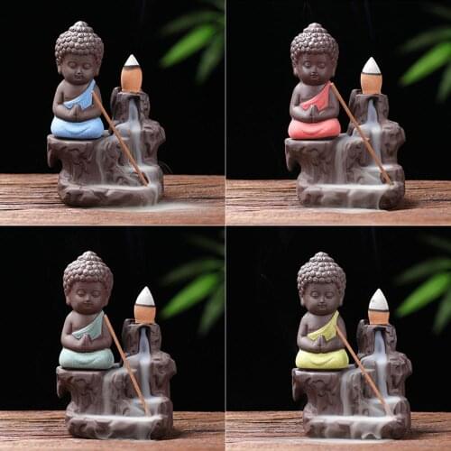 Pokich Ceramic The Little Monk Small Buddha Censer Backflow Incense Burner For Home Office Decoration 12*9cm