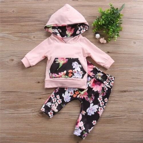 0-24M Newborn Baby Girls Set Autumn Winter Floral Clothing Set Hooded Tops T-shirt Pants Leggings 2pcs Outfit Clothes Set