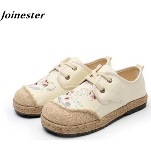 Cotton Hemp Retro Lace-Up Sneakers for Women 2021 Fashion Ladies Sale Casual Shoes Embroidered Ethnic Wide Toe Vintage Flat Shoe