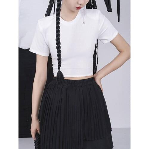 Summer New Womens Shoulder Pad T-shirts Casual Backless Crewneck Soild Color Clubwear Sexy Crop Tops Basic White Black Pullover