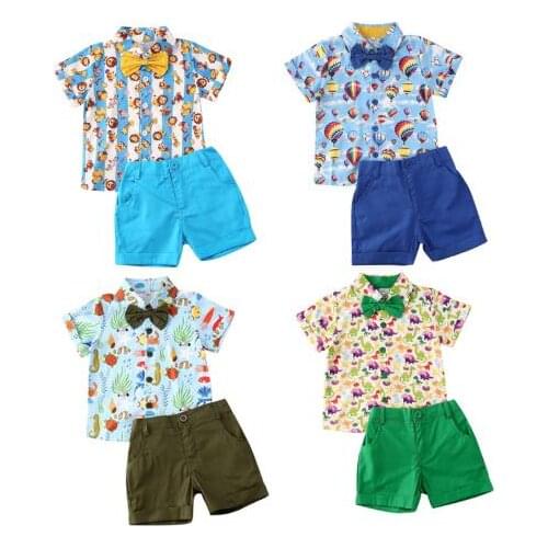 Summer Infant Baby Boys Gentleman Clothes Sets Cartoon Animal Print Bow Shirts Tops+Shorts 2pcs Kids Boys Clothing