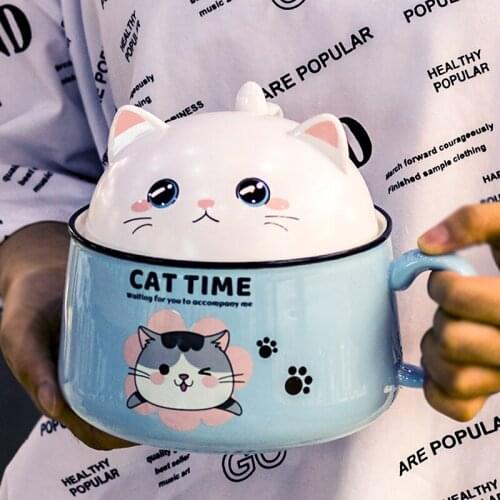 Multifunction Cartoon Cat Ceramic Instant Noodle Bowl 450ML 1020ML with Lid Handle Bowl Mug Home Dormitory Office