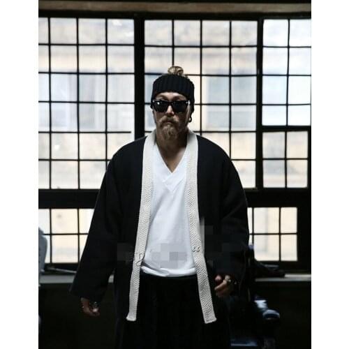 Mens new solid color V-neck button less fashion cardigan coat medium length loose thin windbreaker black spring and autumn top