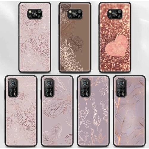 Rose Pink Gold Leaf Phone Soft Case For Mi Poco X3 NFC M3 Pro pocophoneF1 F3 Note 10 A2 Lite CC9E CC9 A3 Black Soft TPU Coque