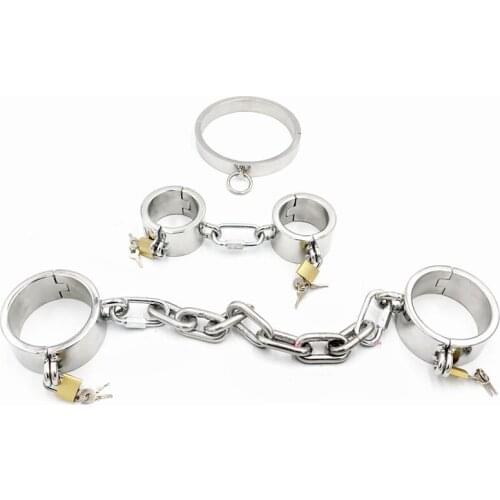 Stainless Steel BDSM Bondage Set Slave Collar Handcuffs Ankle Cuffs Sex Toys For Couples Adult Games Torture Restraints