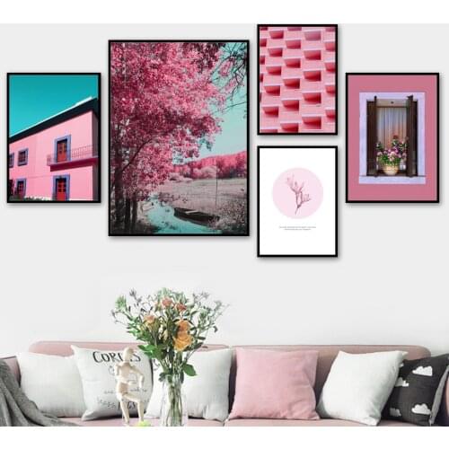 Pink House Tree Boat River Window Flower Wall Art Canvas Painting Nordic Posters And Prints Wall Pictures For Living Room Decor