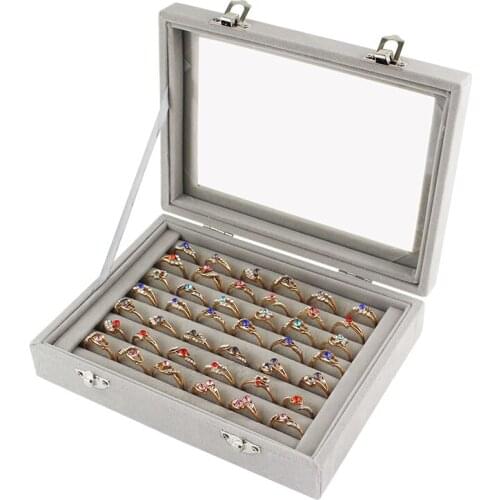 Newest 7 Booths Velvet Carrying Case with Glass Cover Jewelry Ring Display Box Tray Holder Storage Box Organizer