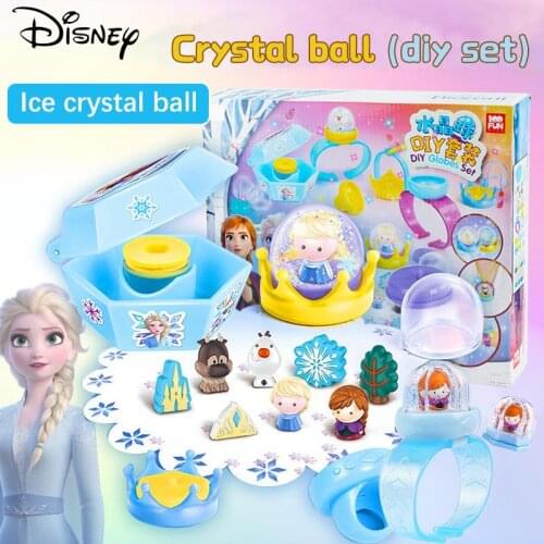 Disney Original Frozen Elsa Anna Princess Cartoon DIY Crystal Ball Handmade Set Ring Pretend Play Toy Doll Christmas Gift Girls