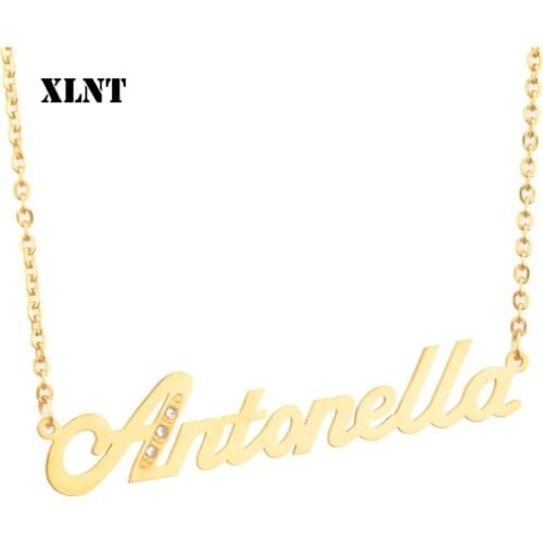 XLNT Antonella Name Necklace Custom Cursive Name Necklace Personalized Stainless Steel Gold Color Nameplate Choker Necklace