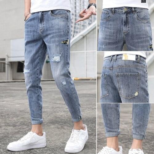 Ripped jeans mens brand 2021 summer thin stretch slim-fitting pants mens summer casual teenager ankle length pants