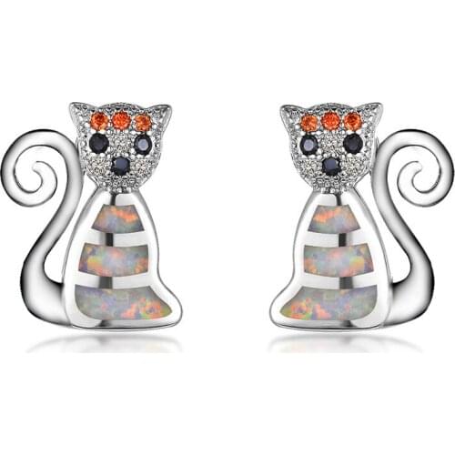 White Blue Opal Stud Earrings Vintage Silver Color Small Cat Earrings For Women Wedding Jewelry Female Cute Animal Earrings Gift