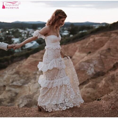 Tired Skirts Lace Wedding Dresses Off The Shoulder Mermaid Bridal Gowns Zipper Back Boho beach Vestido de Noivas ZW349